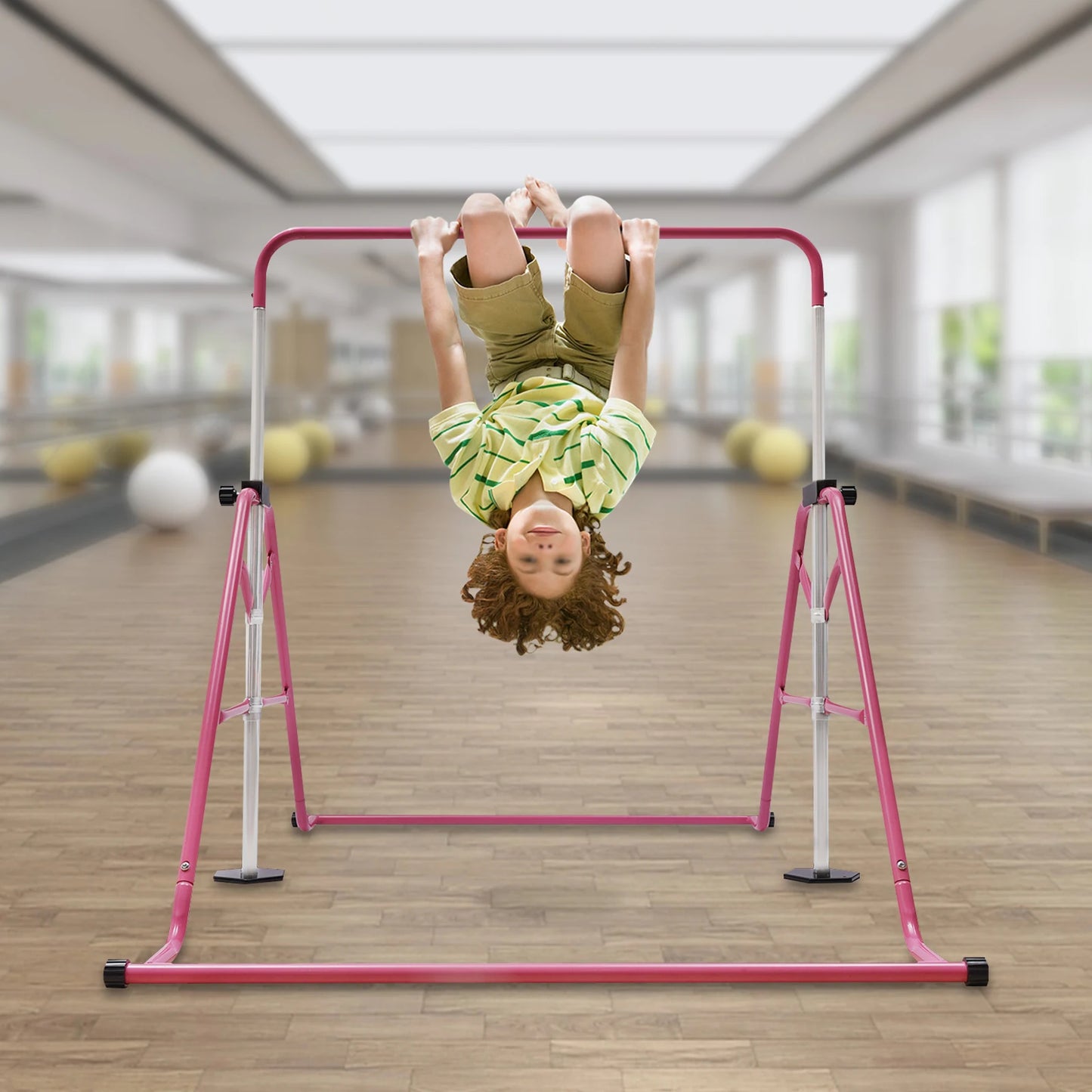 Pink Gymnastics Bars Foldable Children's Monkey Bars Adjustable Height Kids' Toy Indoors Outdoors Suitable 3-8 Years Old