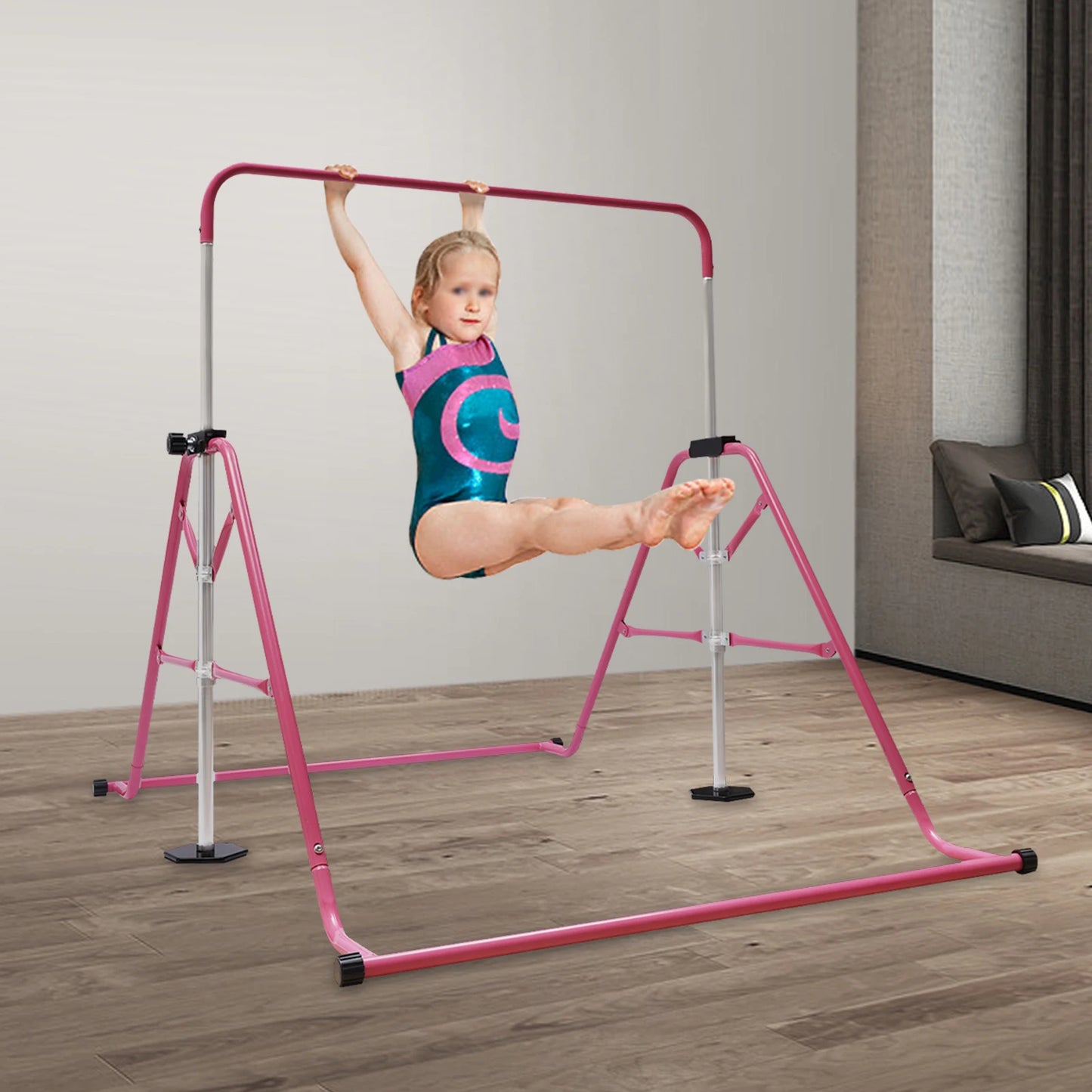 Pink Gymnastics Bars Foldable Children's Monkey Bars Adjustable Height Kids' Toy Indoors Outdoors Suitable 3-8 Years Old