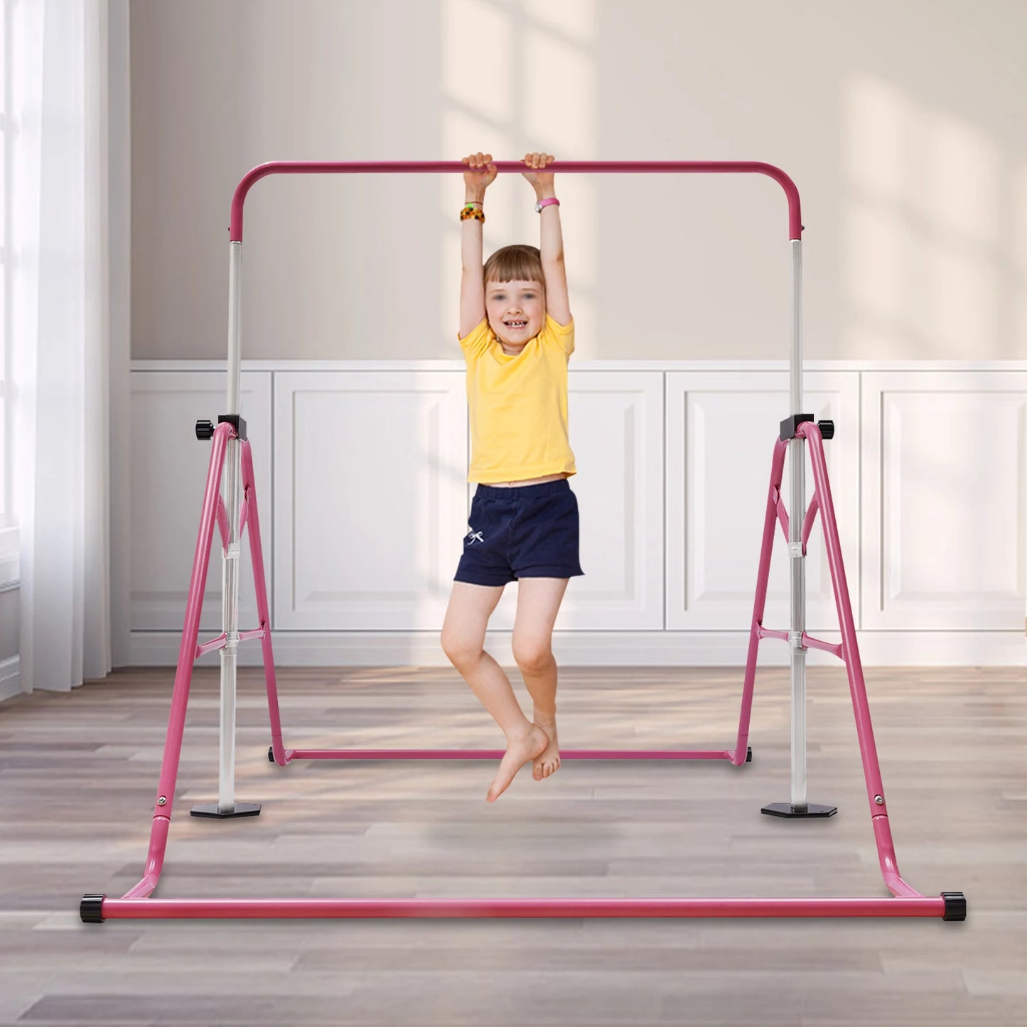 Pink Gymnastics Bars Foldable Children's Monkey Bars Adjustable Height Kids' Toy Indoors Outdoors Suitable 3-8 Years Old