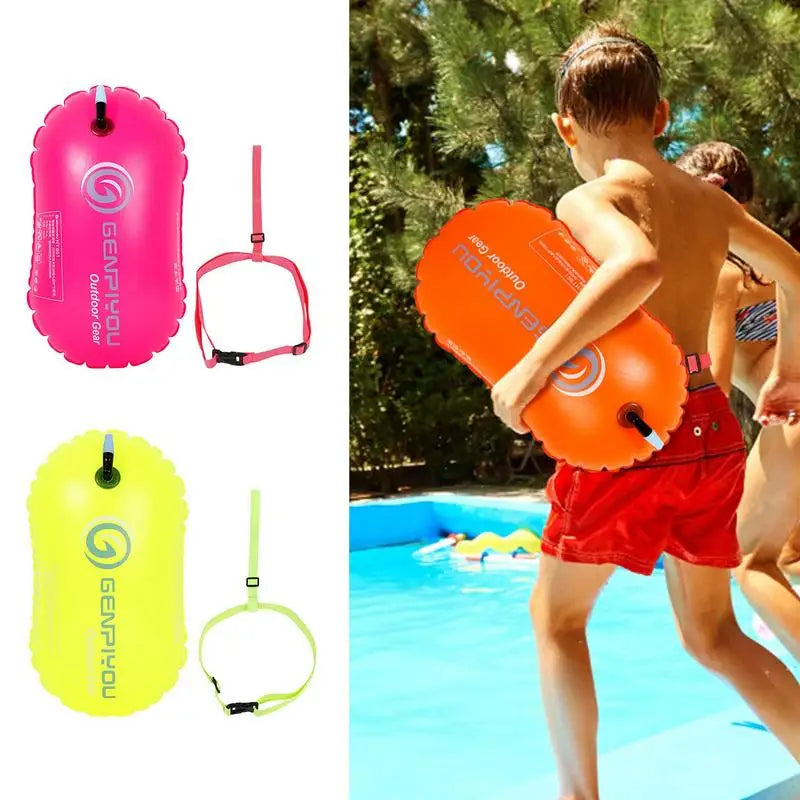 Inflatable Open Swimming Buoy Tow Float Dry Bag Double Air Bag with Waist Belt for Water Sport Swimming Storage Float Tools