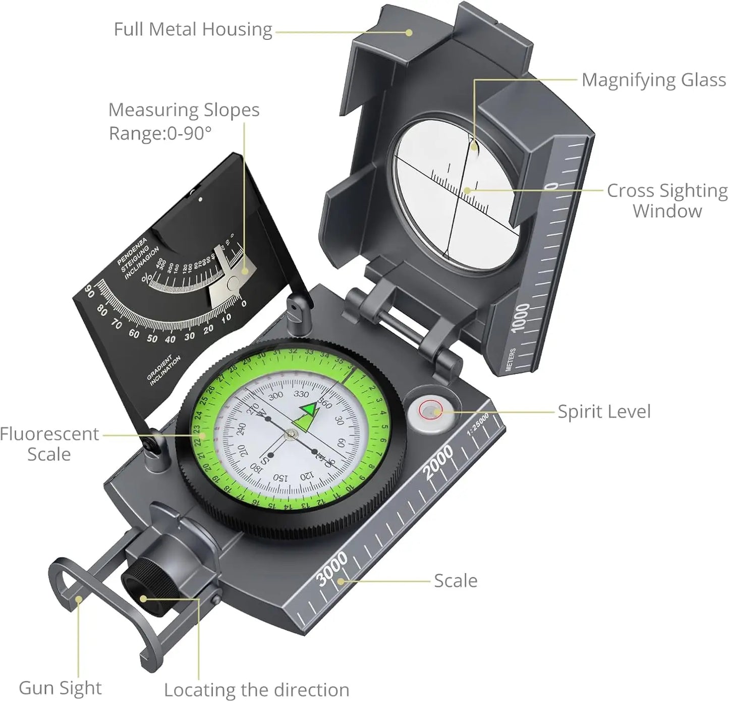 Carrying Anbte Hiking Compass Waterproof Clinometer