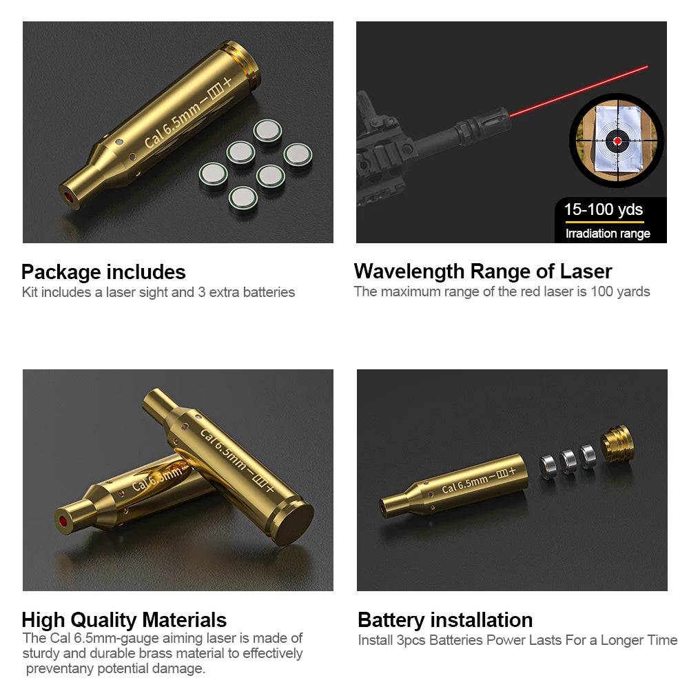 6.5MM Optics Cartridge Red Dot Laser Bore Brass Bore Boresighter For Pistol Rifle Scope Hunting Accessories 6 Batte